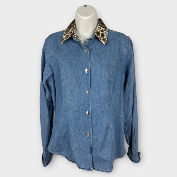Vintage Bill Blass Women's Denim Jean Python Snake Print Collared Blouse Small - Picture 1 of 8